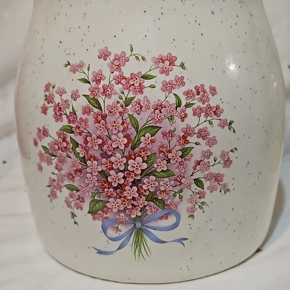 Vintage Speckled Ceramic Blush Pink Flower Blue Ribbon Large Canister Jar w/Lid